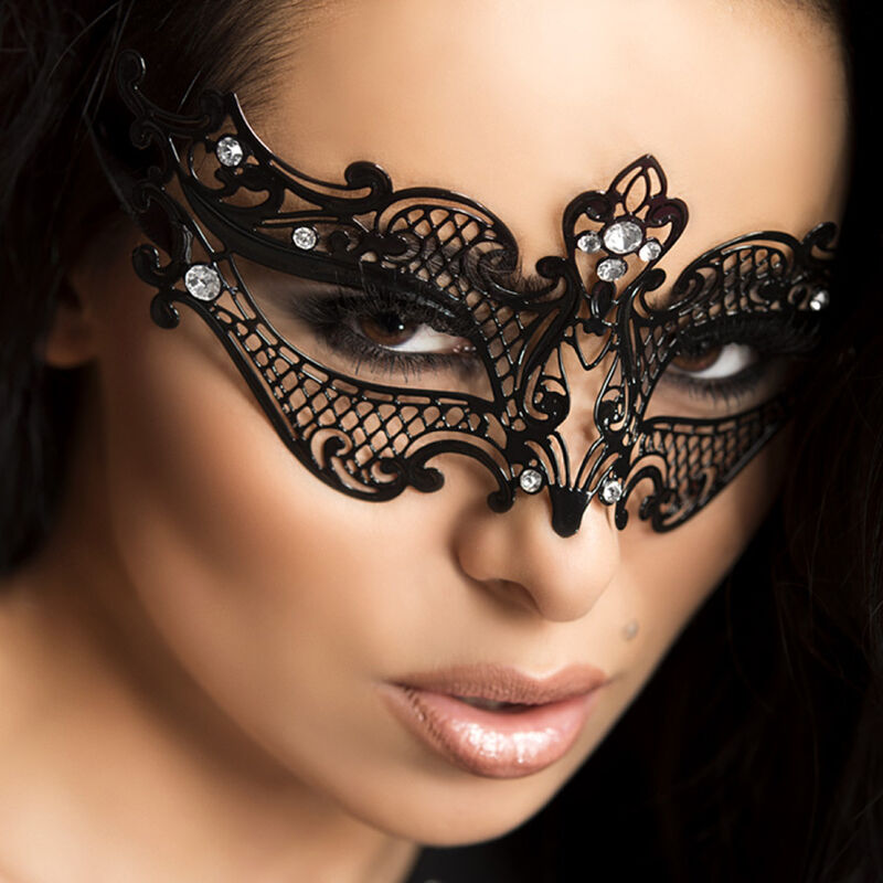 Obsenza - Maschera Nera in Ottone con Cristalli e Nastrini di Raso - CHILIROSE - Nero - Image 1